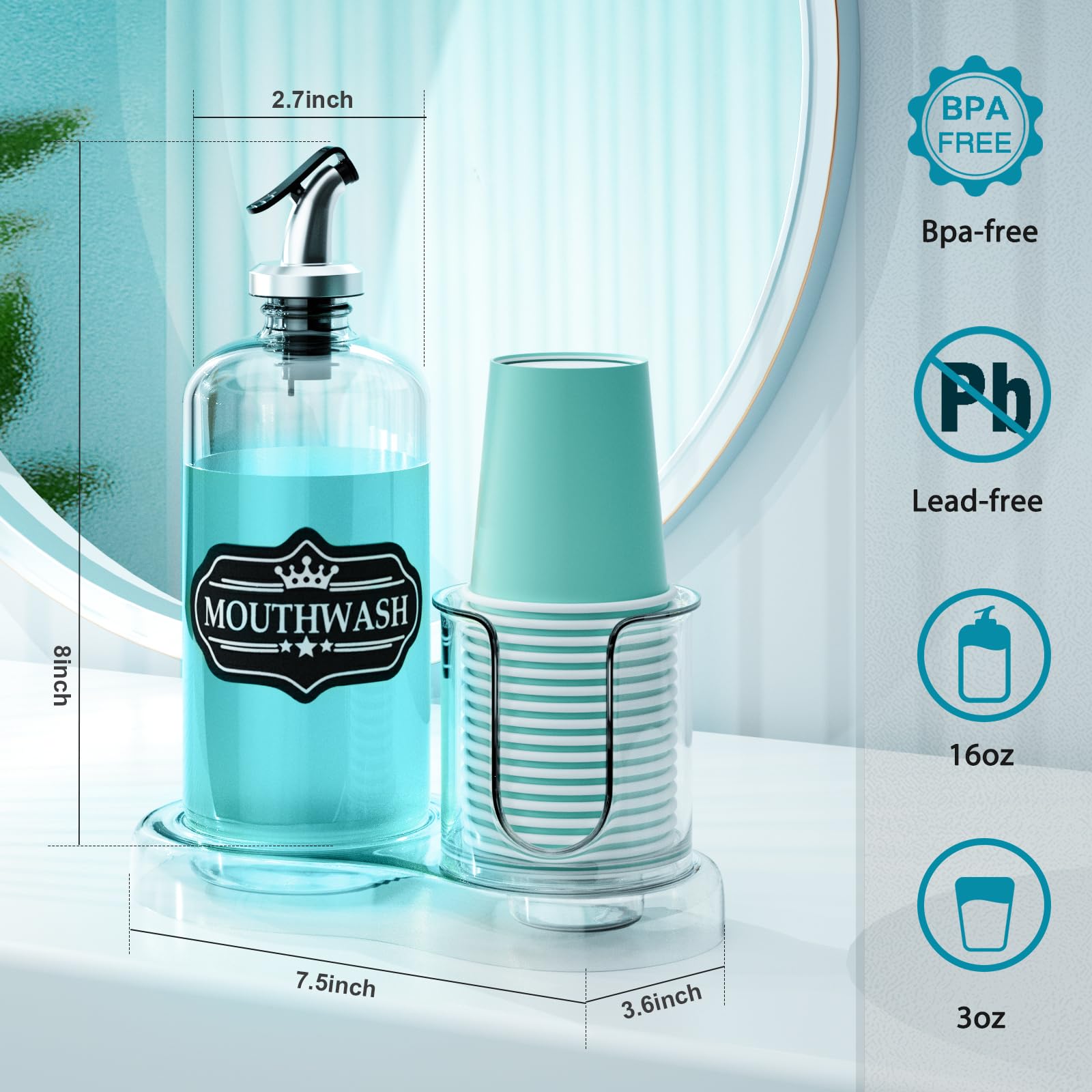 Byaway Mouthwash Dispenser For Bathroom With Cup Holder Detachable Glass Mouthwash Container 16 Oz,Refillable Mouth Washer Dispe